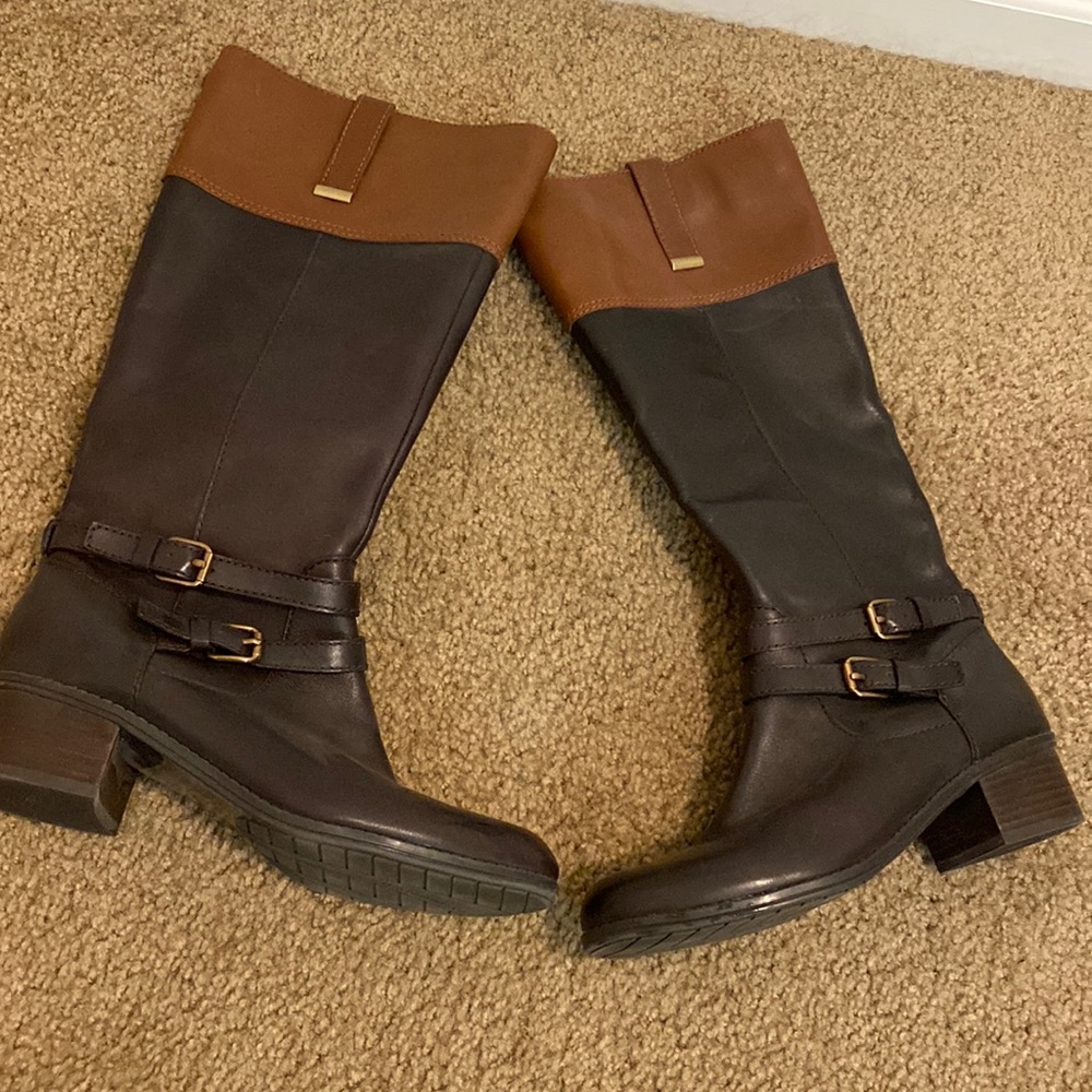 Brand new two tone brown heeled boots